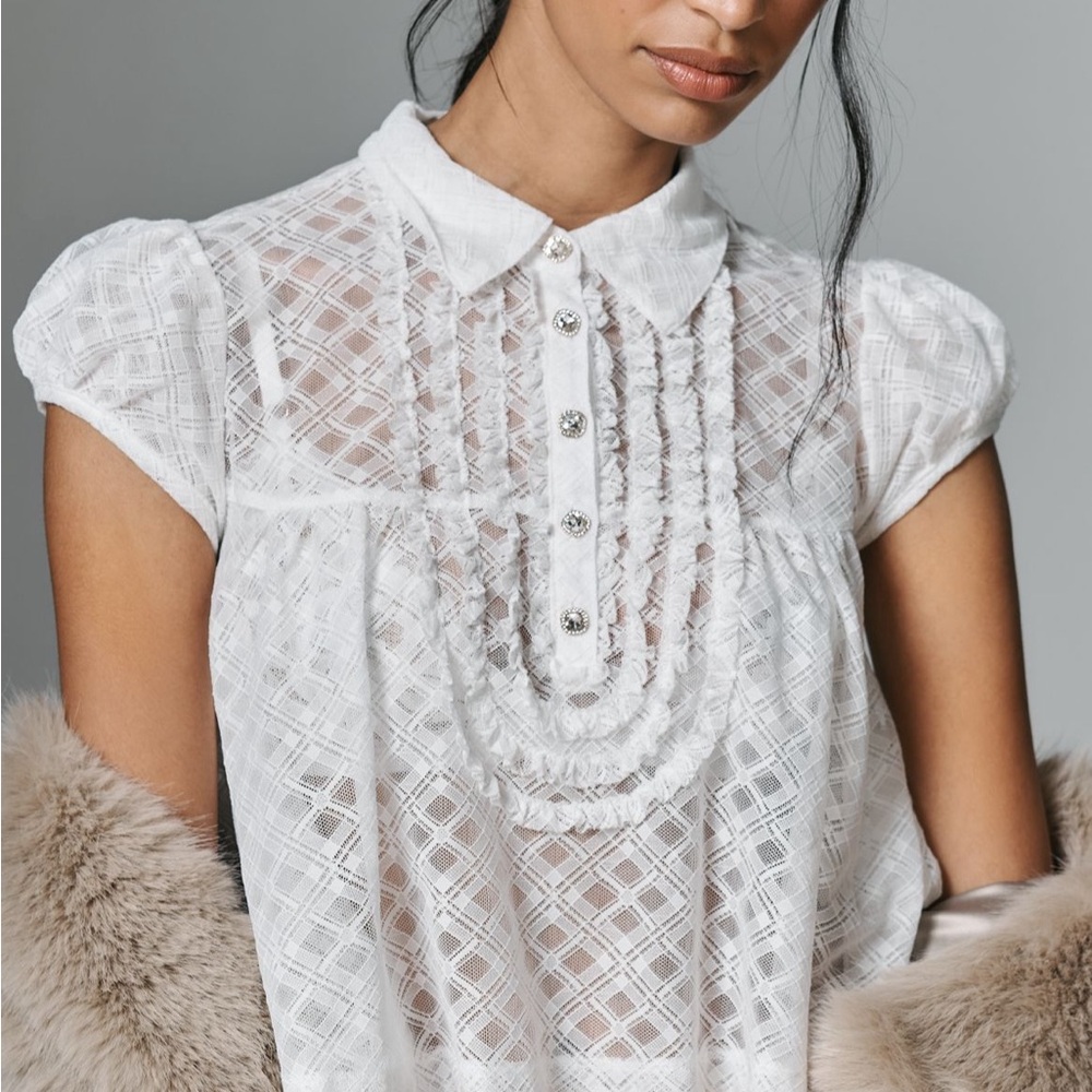 Maeve White Lace Pintuck Bib Cap-Sleeve Blouse 
Anthropologie NWT Medium
